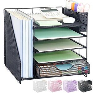 5-Tier Desk Organizer with Drawer & Pen Holder, Metal Mesh Office Storage